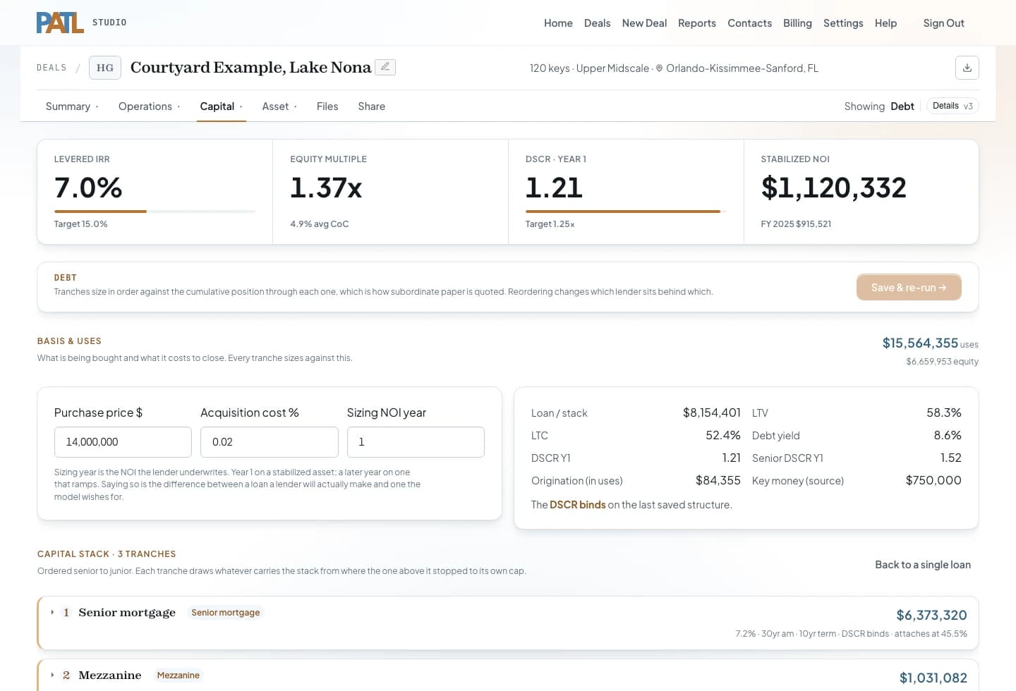 The debt tab: the loan sized against LTV, DSCR and debt-yield tests, with the binding test named.